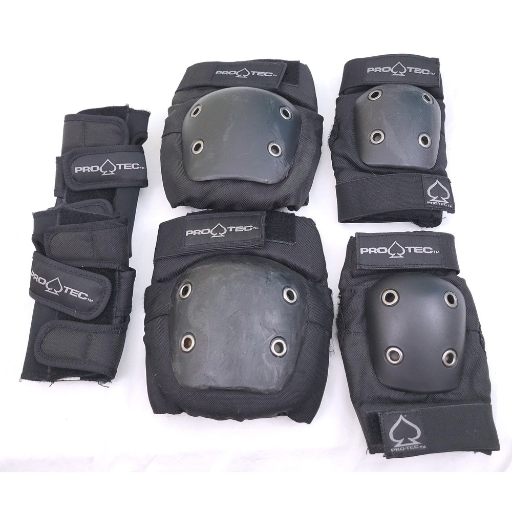 Vtg PRO-TEC 6Pc Full Pad Set Knee Elbow Wrist Guard Black Old School Skate Youth